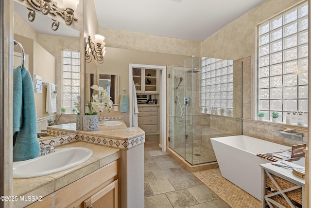 bathroom featuring plenty of natural light, a shower stall, a freestanding bath, and vanity