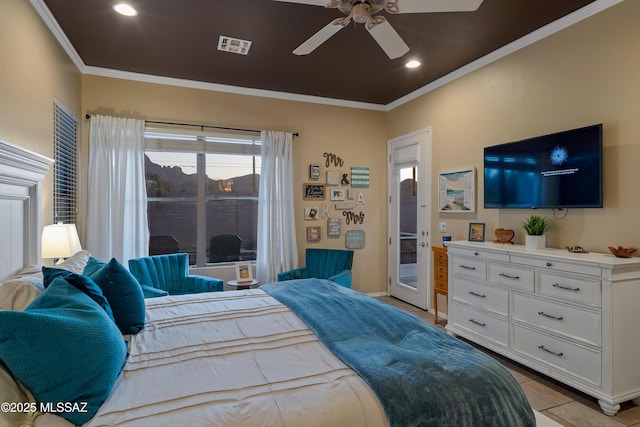 bedroom with light tile patterned floors, visible vents, ornamental molding, access to outside, and recessed lighting