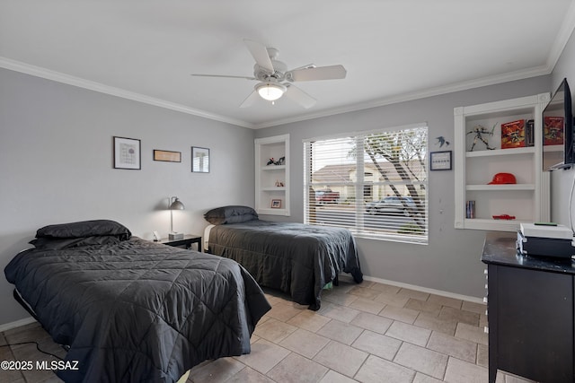 bedroom with crown molding, a ceiling fan, and baseboards