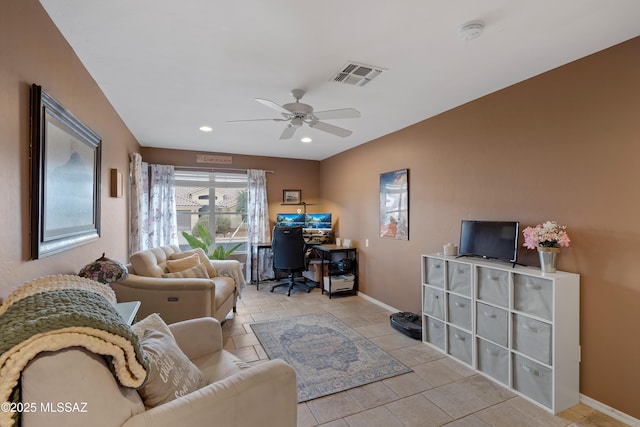 living room with light tile patterned floors, baseboards, visible vents, a ceiling fan, and recessed lighting