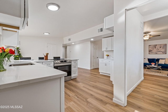 kitchen with ceiling fan, visible vents, light wood-style floors, white cabinetry, and stainless steel range with electric cooktop