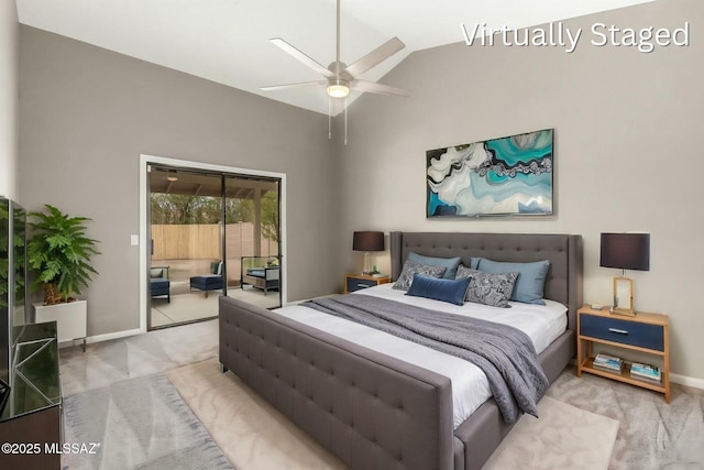 bedroom featuring access to exterior, carpet flooring, a ceiling fan, and baseboards