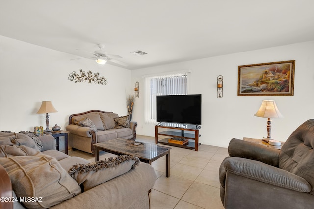 5897 E Cedarbird Dr, Tucson, AZ 85756 - living room with light tile patterned floors and a ceiling fan
