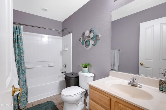 5897 E Cedarbird Dr, Tucson, AZ 85756 - bathroom featuring vanity, shower / tub combo with curtain, toilet, and tile patterned flooring