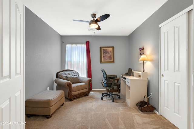 5897 E Cedarbird Dr, Tucson, AZ 85756 - home office with ceiling fan, carpet flooring, and baseboards