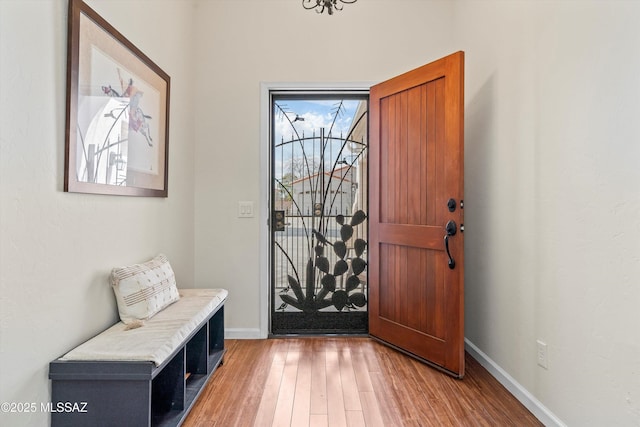 foyer with baseboards and wood finished floors