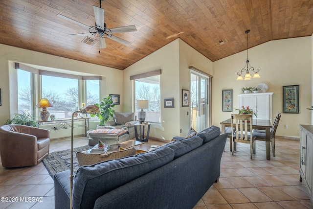 living room featuring wooden ceiling, light tile patterned floors, visible vents, and vaulted ceiling