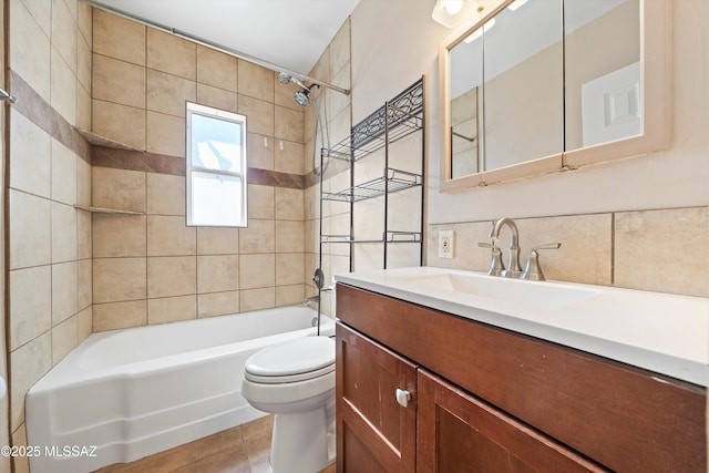 full bathroom with shower / washtub combination, vanity, toilet, and tasteful backsplash