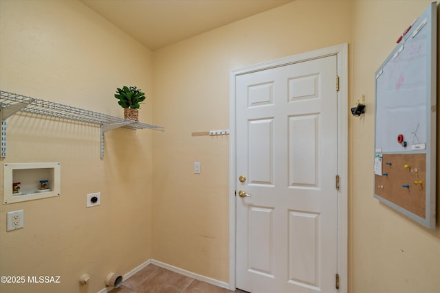 washroom with baseboards, light tile patterned floors, laundry area, hookup for a washing machine, and electric dryer hookup