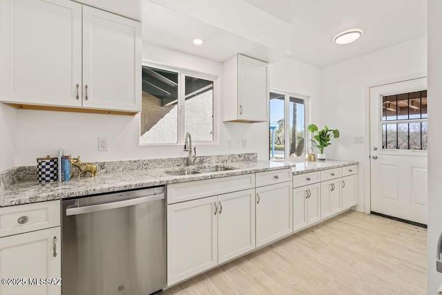 kitchen with stainless steel dishwasher, a healthy amount of sunlight, a sink, and white cabinets