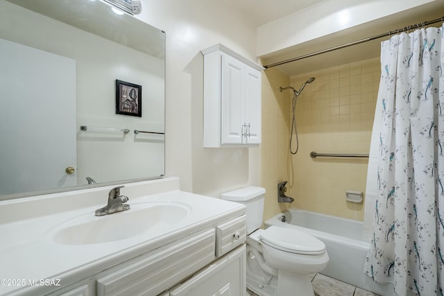 full bath with toilet, shower / bath combination with curtain, and vanity