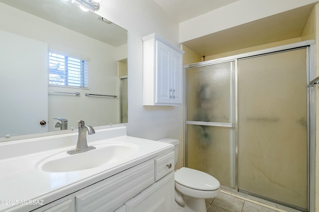 full bath with vanity, a shower stall, toilet, and tile patterned floors