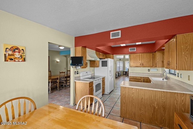 kitchen with light countertops, visible vents, a sink, white appliances, and exhaust hood