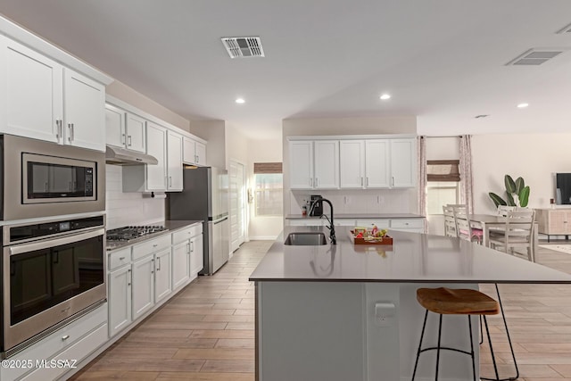 kitchen featuring appliances with stainless steel finishes, visible vents, a sink, and under cabinet range hood