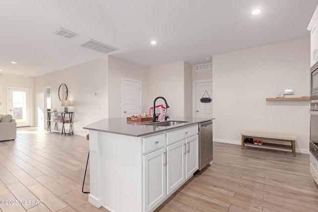 kitchen with stainless steel appliances, a sink, visible vents, white cabinetry, and light wood-type flooring