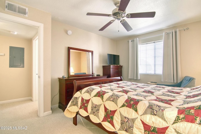 carpeted bedroom with baseboards, a textured ceiling, visible vents, a ceiling fan, and electric panel