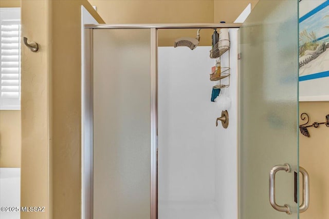 bathroom with a shower with shower door