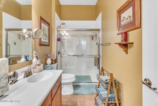 bathroom featuring tile patterned flooring, a shower stall, toilet, and vanity