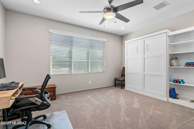 office with recessed lighting, visible vents, carpet floors, and ceiling fan