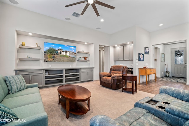 living room featuring visible vents, recessed lighting, and ceiling fan