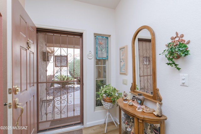 entryway with wood finished floors and baseboards