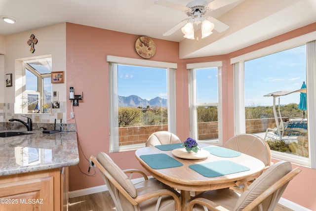 dining space featuring a ceiling fan, baseboards, a mountain view, and wood finished floors