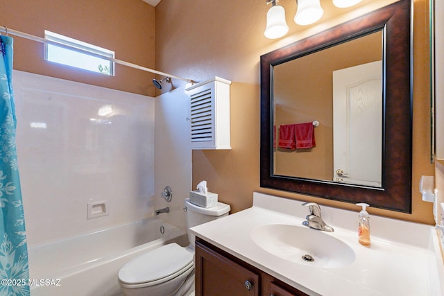 full bath featuring toilet, shower / tub combo, and vanity