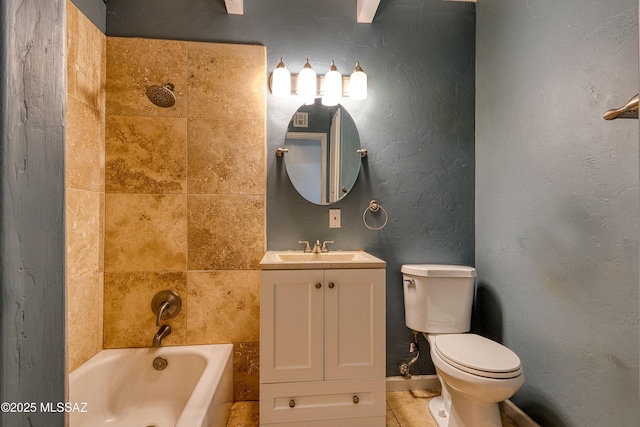 bathroom with a textured wall, shower / washtub combination, vanity, and toilet