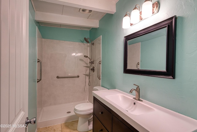 full bathroom with visible vents, toilet, a stall shower, vanity, and beamed ceiling