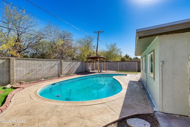 view of swimming pool featuring a fenced in pool, a fenced backyard, and a patio