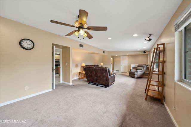 living room with visible vents, recessed lighting, carpet flooring, baseboards, and ceiling fan