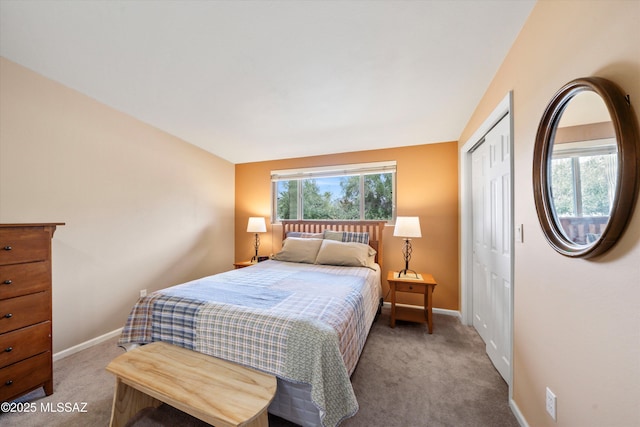 bedroom with baseboards, a closet, and carpet floors