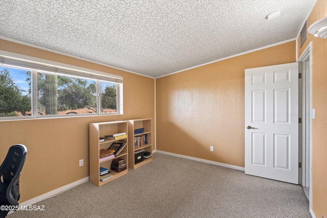 home office featuring ornamental molding, carpet, baseboards, and a textured ceiling