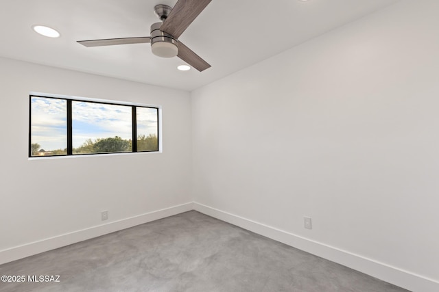 unfurnished room featuring recessed lighting, a ceiling fan, and baseboards