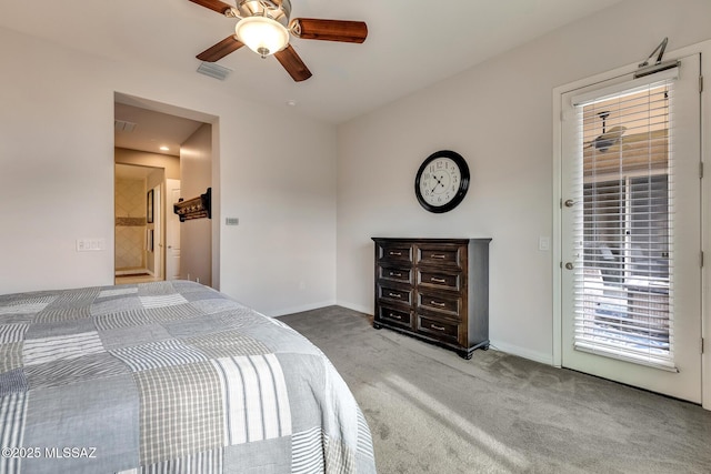 bedroom with access to exterior, carpet floors, visible vents, ceiling fan, and baseboards