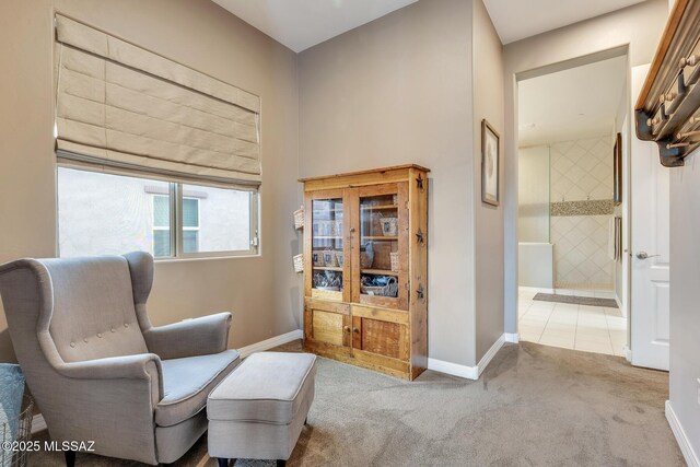 living area featuring carpet floors and baseboards