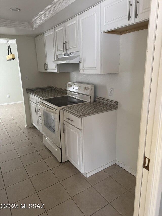 1117 E Irene St, Pearce, AZ 85625 - kitchen featuring dark countertops, white electric range oven, under cabinet range hood, and white cabinetry