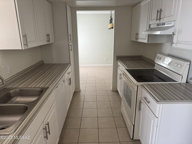 1117 E Irene St, Pearce, AZ 85625 - kitchen featuring white electric stove, light tile patterned floors, white cabinetry, a sink, and under cabinet range hood