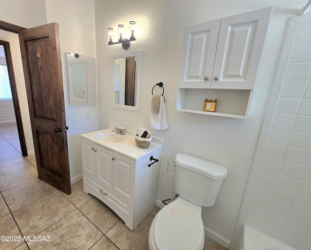 full bathroom featuring vanity, tile patterned flooring, toilet, and baseboards