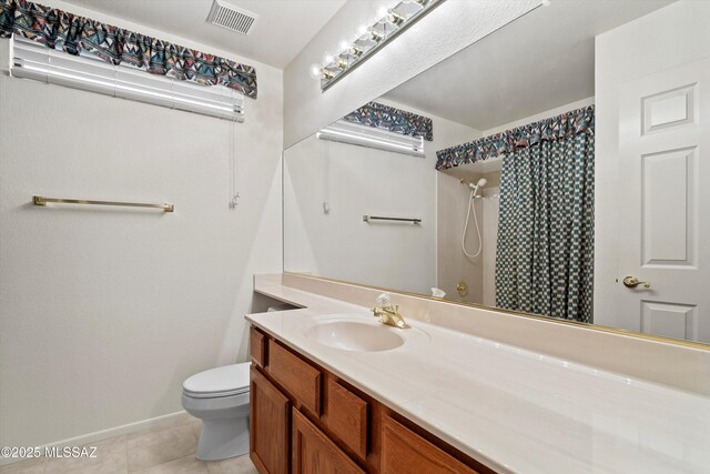 full bathroom with visible vents, a shower with shower curtain, toilet, tile patterned floors, and vanity