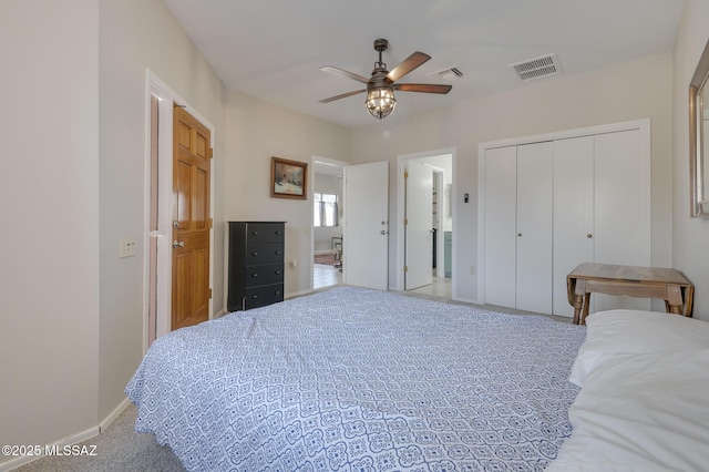 bedroom featuring carpet, a closet, visible vents, a ceiling fan, and baseboards