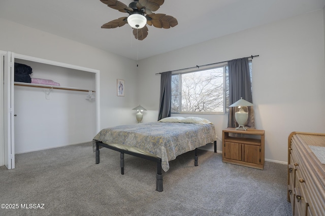 bedroom featuring a closet, carpet flooring, a ceiling fan, and baseboards