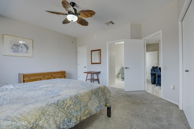 carpeted bedroom with ceiling fan, visible vents, and a closet