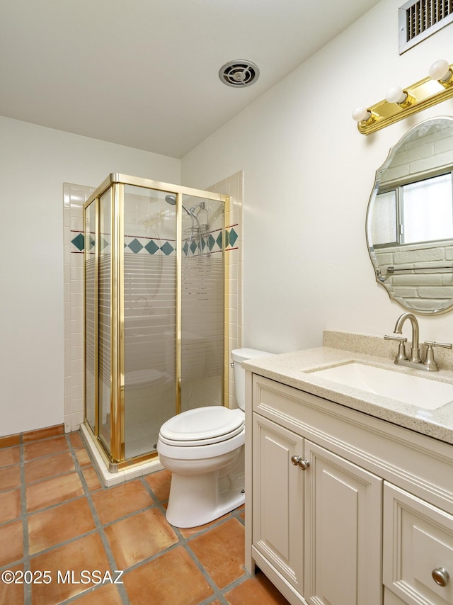 full bath featuring toilet, vanity, a shower stall, and visible vents