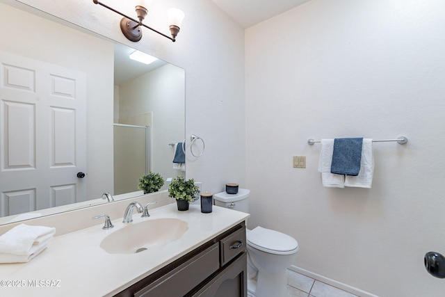 bathroom featuring toilet, tile patterned flooring, vanity, and a shower stall