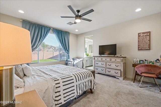 carpeted bedroom featuring a ceiling fan, recessed lighting, visible vents, and baseboards