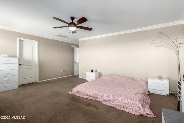 bedroom with a ceiling fan, baseboards, visible vents, dark carpet, and crown molding