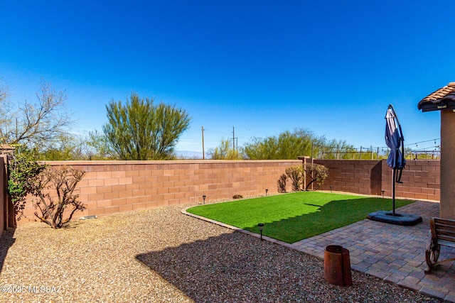 view of yard featuring a fenced backyard and a patio