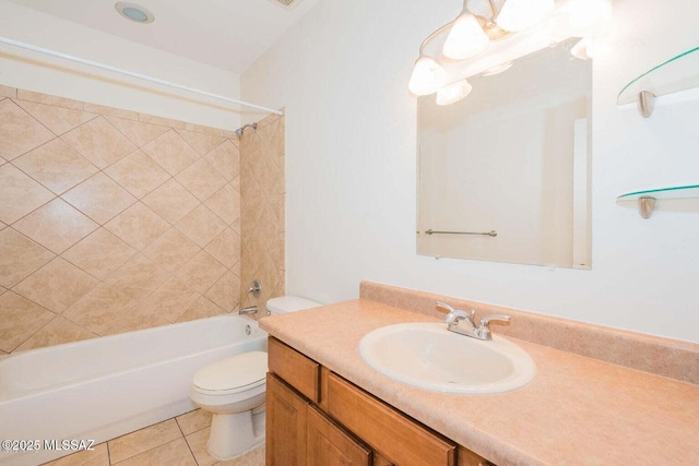 bathroom with toilet, shower / bathtub combination, tile patterned flooring, and vanity