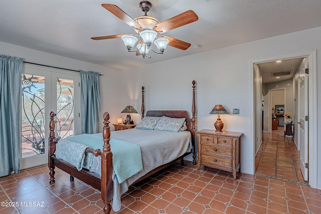bedroom featuring visible vents, ceiling fan, access to outside, and tile patterned floors
